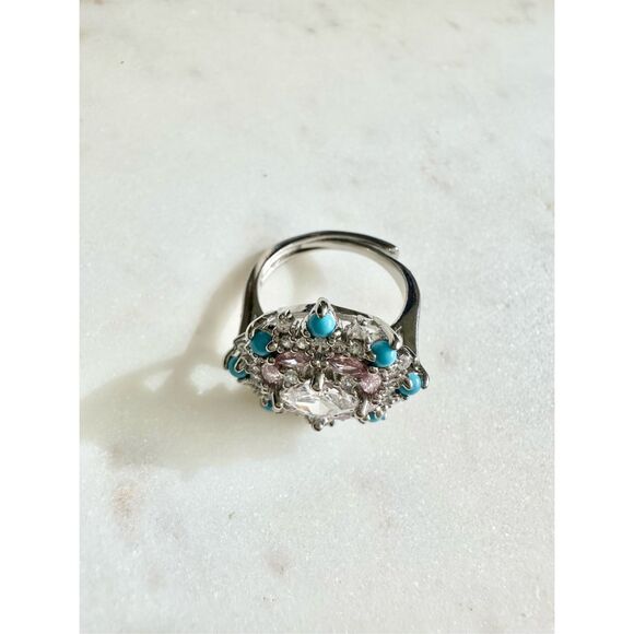 Light pink and turquoise blue cubic zirconia adjustable cocktail ring ￼ - Picture 5 of 8